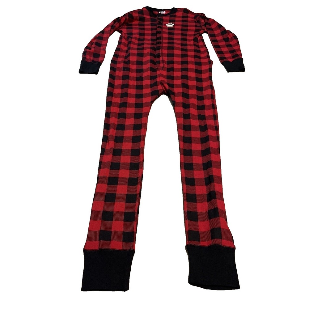 New Lazy One Adult Red Black Plaid One Piece Pajama Flap Jacks UNISEX SMALL